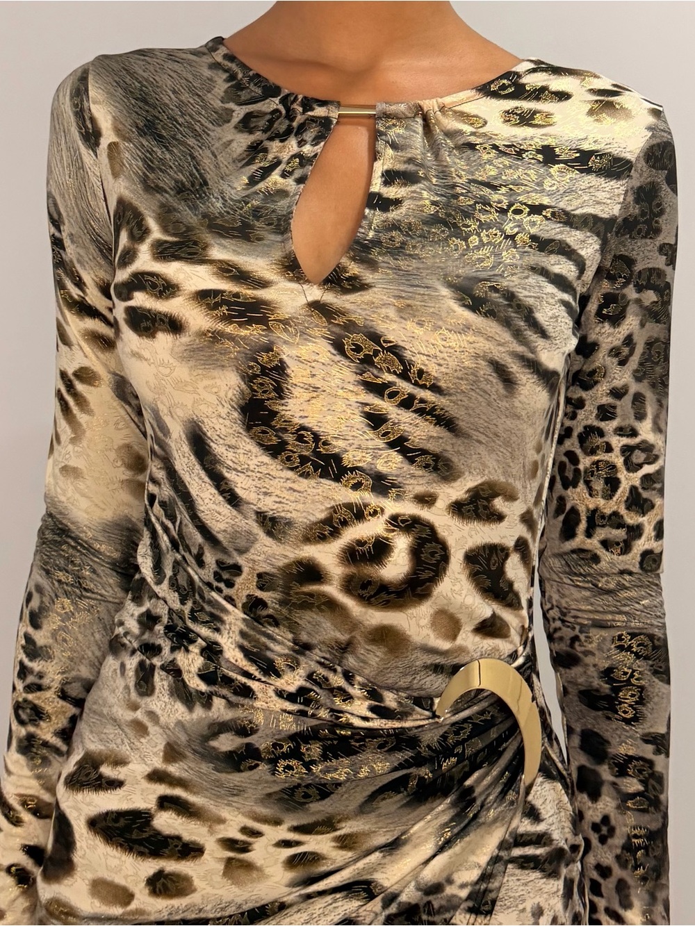 Rare Vintage Cache Animal Print Ruched Gold Hardware Dress | Size Small - Picture 2 of 4